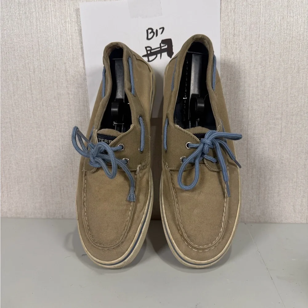 Sperry Tan Boat Shoes with Blue‎ Laces